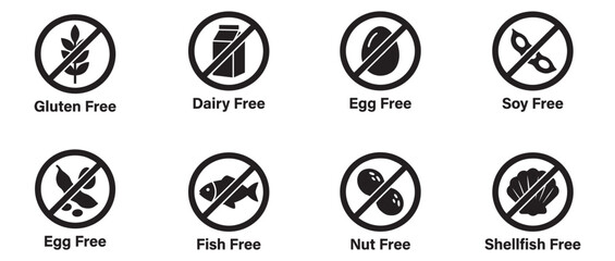 Food allergen icons set. Gluten, dairy, egg, soy, fish, nut, and shellfish free symbols. Vector Illustration.