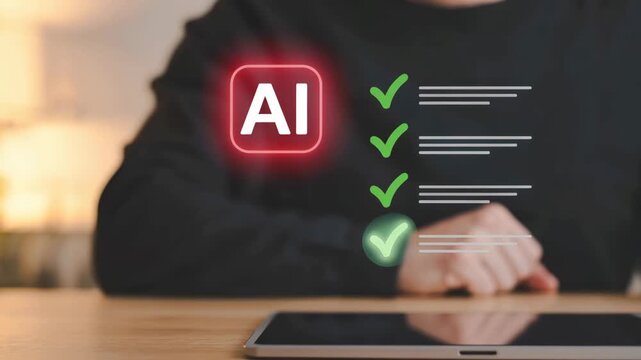 AI Checklist: An individual interacts with an AI-driven checklist, highlighting the integration of technological innovation in task management and data processing.