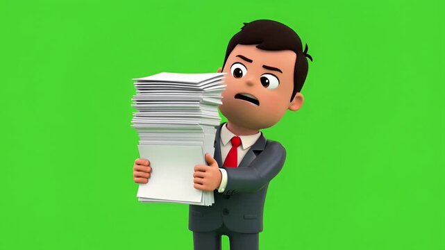 Overwhelmed businessman struggling with a large stack of paperwork on a green screen background