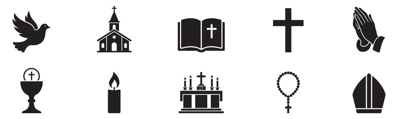 Fototapeta premium Faith icon set. Vector icon set of faith: cross, praying hands, dove, bible, candle, church, rosary, angel. Vector icon.