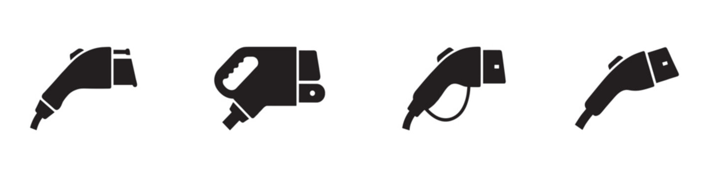 Electric vehicle charging plug icons. EV station connector symbols. Vector Illustration. 