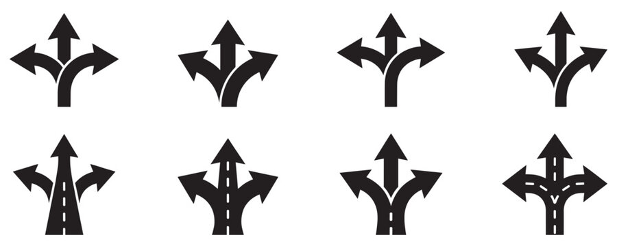 Choice between three roads icon set. Three-way directional arrow. Way, road, direction, branching, arrows , Icon for design. Easily editable, pathway, opportunity, logo, split, choose, three concept.