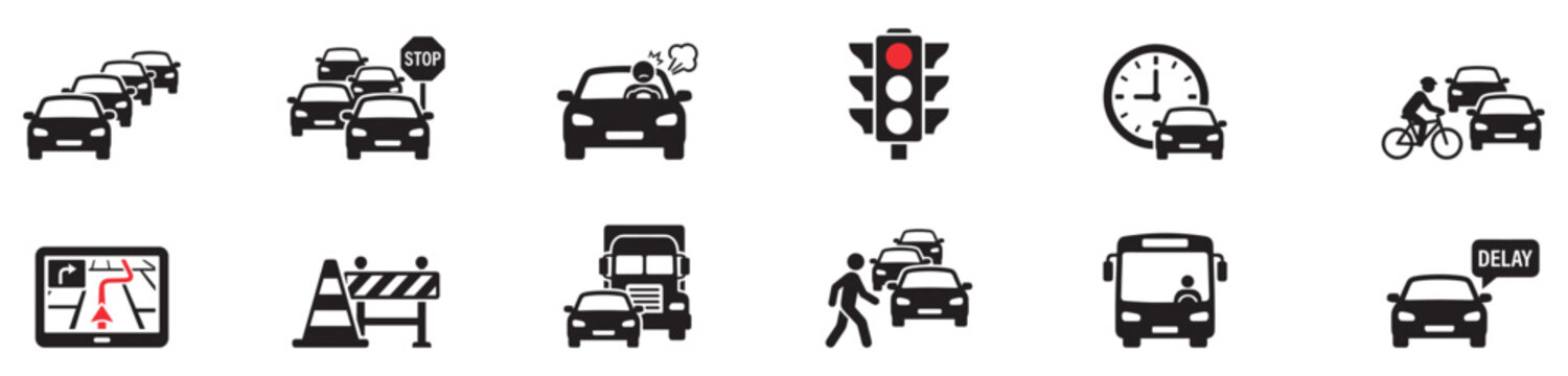 Traffic jam and urban transportation icon set. Road congestion symbols. Vector Illustration.
