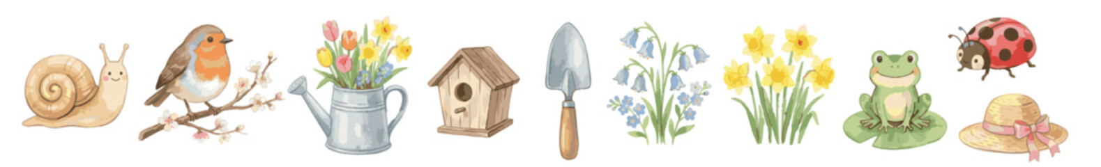 Cute watercolor spring elements set with ladybug, birdhouse, daffodils, bluebells and straw hat. Collection of Vector illustrations. Perfect for invitation, card, poster, banner, decoration © maria