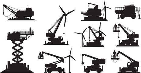 Obraz premium Silhouettes of construction equipment and wind turbines at work