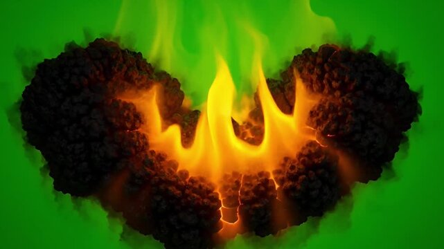 Heart Shape Fire Flames on Bright Green Background for Creative Projects and Graphics