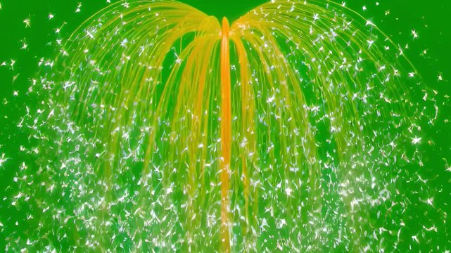 Vibrant Water Fountain Spray with Colorful Splashes and Sparkling Water Droplets against a Bright Green Background