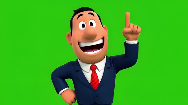 Animated businessman in a suit and tie pointing up with a confident expression against a green screen background