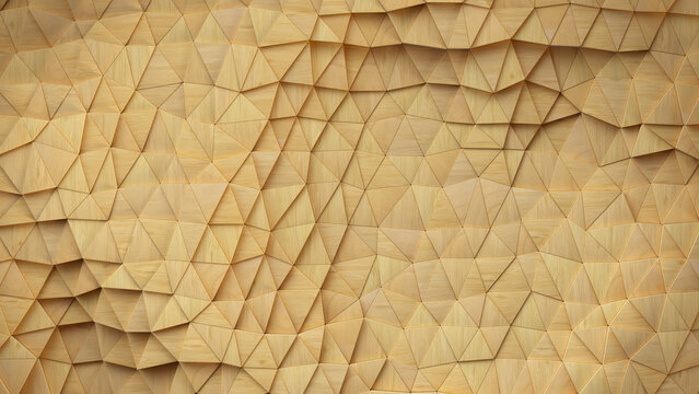 Geometric background of wooden triangular shapes 3D render