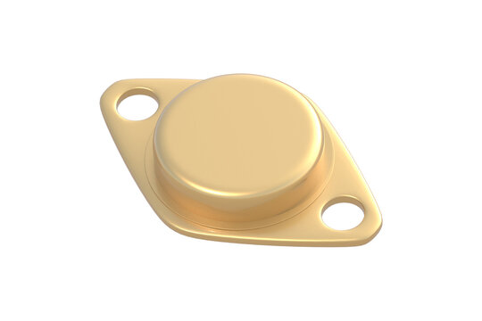 Golden transistor isolated on white background. Electronic component. 3d render