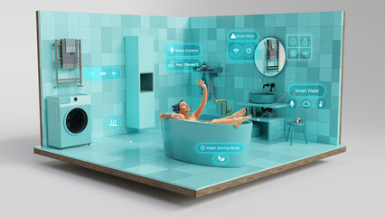 Innovative design smart bathroom interior with woman relaxing in connected bathtub. Concept of...
