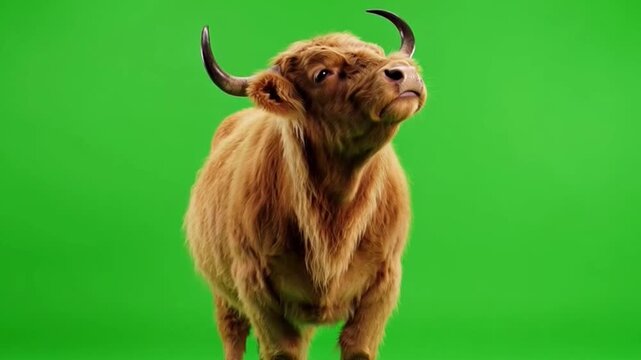 Highland cattle portrait with green background showcasing the unique features and character of this iconic breed in vibrant colors
