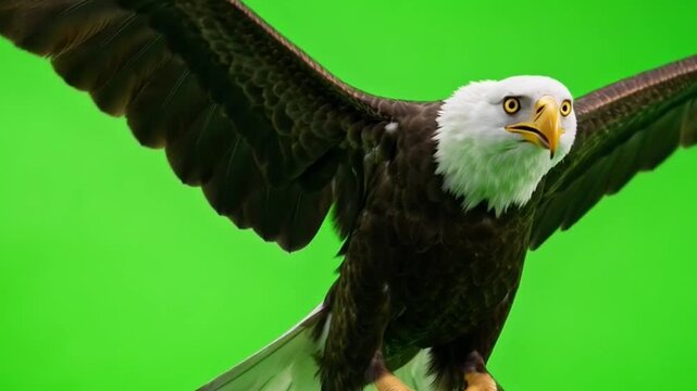 Majestic Bald Eagle Perched Proudly Against a Bright Green Background for Nature and Wildlife Photography