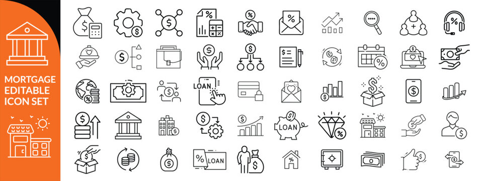 loan line icons. Mortgage, credit, debt, tax etc. Editable stroke