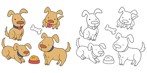 Fototapeta premium Hand-drawn cartoon and doodle set of dogs on a white background.