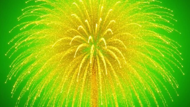 Golden Firework Explosion Against Bright Green Background for Celebration and Festivity Events