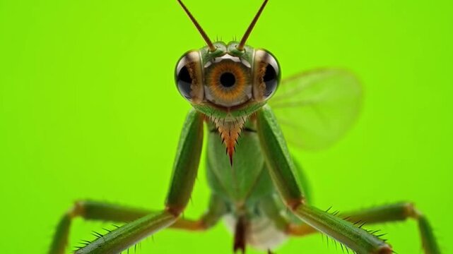 Close-Up of a Vibrant Green Praying Mantis with Stunning Details and Intricate Eye Patterns