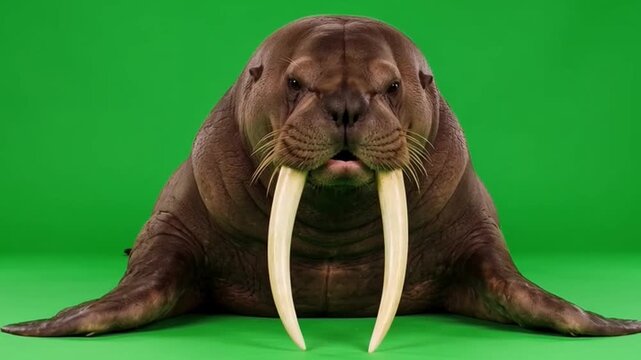 Majestic walrus relaxing on a vibrant green background with large tusks and serene expression showcasing the beauty of marine life