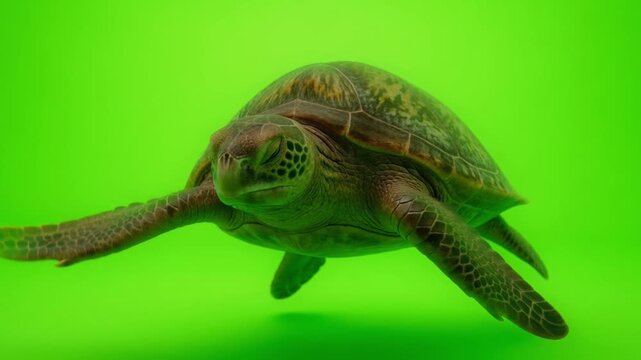 Majestic turtle swimming gracefully in clear turquoise water against bright green background, showcasing marine life beauty