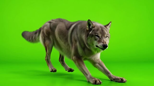 Majestic Wolf Close-Up with Intense Gaze on Bright Green Background for Wildlife and Nature Imagery
