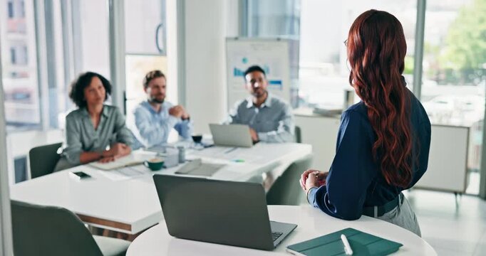 Woman, team and raised hand for presentation in office with laptop, feedback or insight at finance company. Person, speaker and group with gesture, questions or review with pitch at investment agency