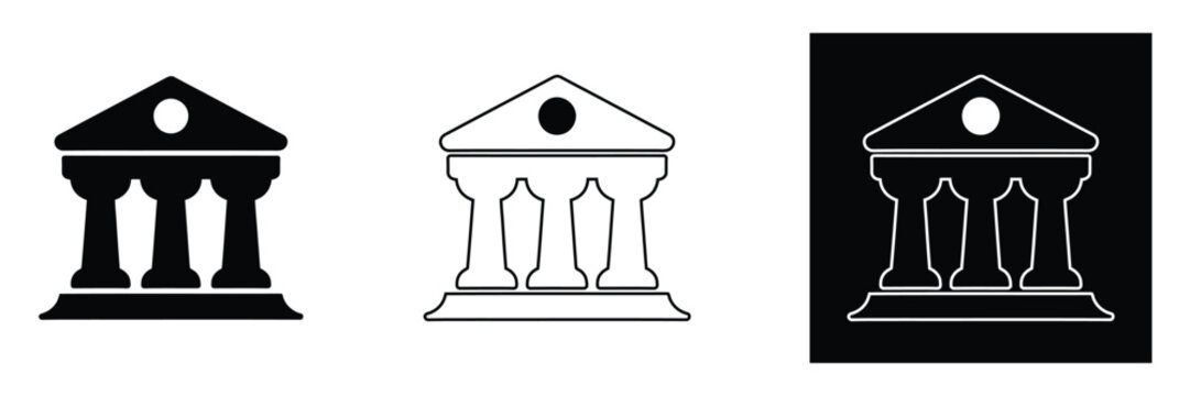 Set of iconic building facades with columns and triangular pediments
