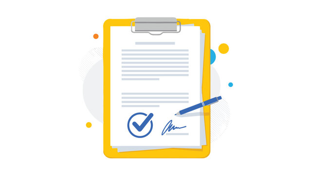Business agreement or signed contract concept showing a yellow clipboard with a document marked with a check and a blue pen.