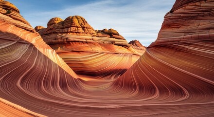 Stunning aerial view of the Wave sandstone rock formations in Arizona desert with swirling orange and red patterns