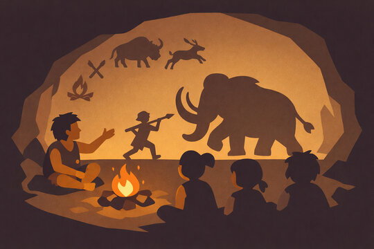 An illustration of a prehistoric cave with people sitting around a fire and storytelling to children about a mammoth and other animals.