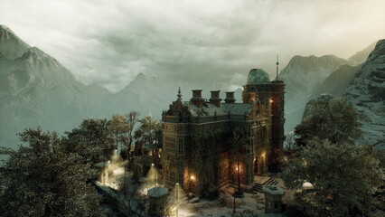 Sunlit alpine castle perched on mountain summit, golden morning light washing stone towers and turrets, soft clouds drifting across clear sky, glazed windows © icetray