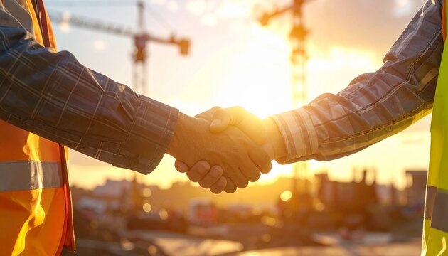 Construction Deal: Two figures seal a deal with a firm handshake, set against a construction site backdrop. An image of collaboration and commitment.