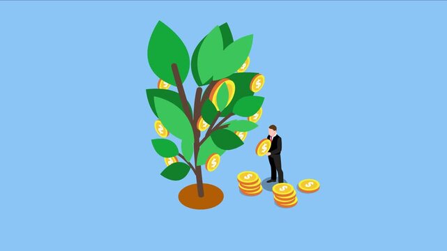 Businessman Harvesting Gold Coins from Growing Money Tree for Investment Profit 3d animation cartoon