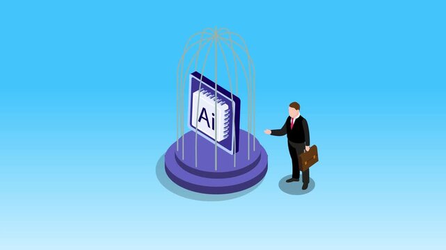 Artificial Intelligence Regulation and Control Concept with AI Microchip Inside a Cage and Businessman on Blue Background 3d animation cartoon