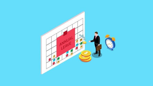 3Annual Leave and Paid Time Off Concept: Isometric Businessman with Calendar, Money Coins, and Alarm Clock on Blue Background d animation cartoon