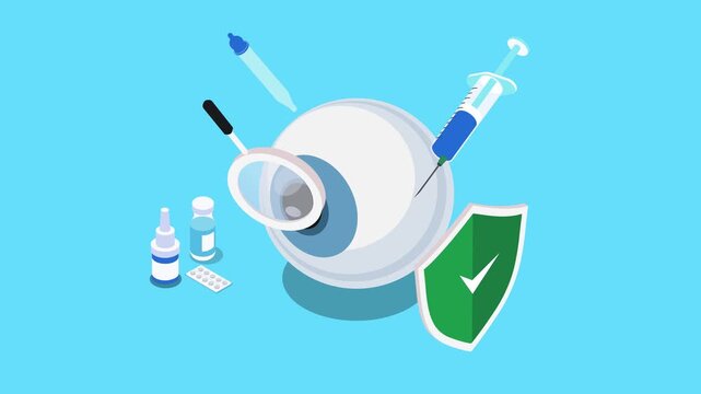 Eye Care and Ophthalmology Concept with Human Eyeball, Syringe, Magnifying Glass, Medical Supplies, and Protection Shield 3d animation cartoon