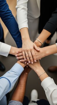 diverse group of professionals joining hands in teamwork for unity and collaboration