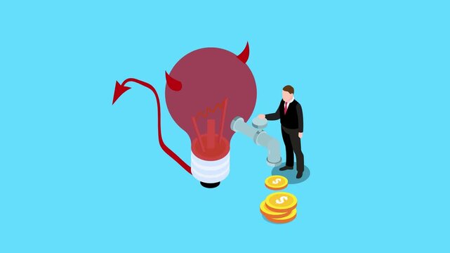 Monetizing Bad Ideas : Businessman Turning a Tap on a Red Devil Lightbulb to Generate Gold Coins 3d animation cartoon