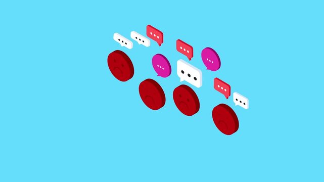 Negative Customer Feedback : Sad Face Emoticons with Speech Bubbles and Chat Icons on Blue Background 3d animation cartoon