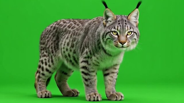 Realistic depiction of a lynx standing on a vibrant green background, showcasing its distinctive fur and alert posture