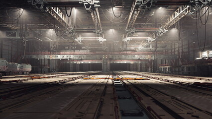 Dark industrial film set with dramatic overhead lights, textured floor panels, exposed pipes, moody shadows, cinematic staging for dystopian sequence or scifi © icetray