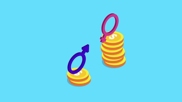 Gender Pay Gap Concept: Male and Female Gender Symbols on Unequal Stacks of Gold Coins Representing Wage Inequality and Financial Disparity 3d animation cartoon