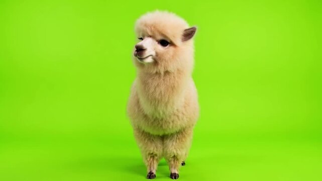 Fluffy Pomeranian Dog Standing on Bright Green Background with Playful Expression and Full Fluff in Studio Setting