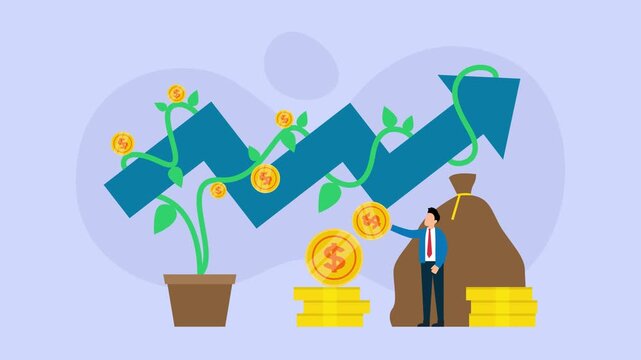 Businessman Harvesting Profits from Money Tree with Upward Success Arrow and Wealth Growth cartoon animation