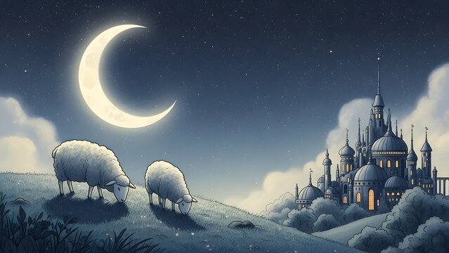 Ramadan nighttime scene with crescent moon and castle