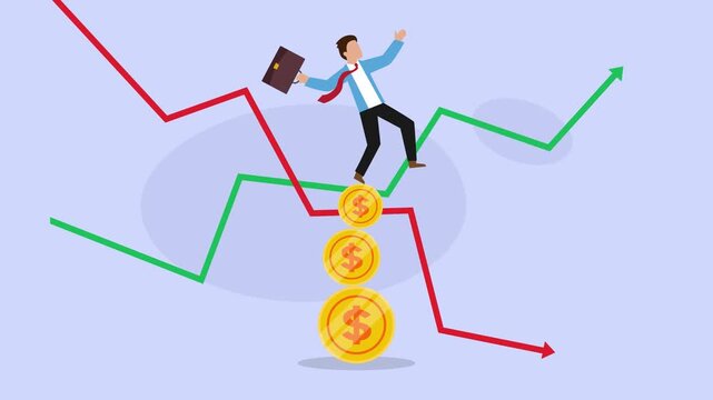 Businessman Balancing on Stack of Coins Amid Volatile Stock Market Graphs and Economic Fluctuations cartoon animation