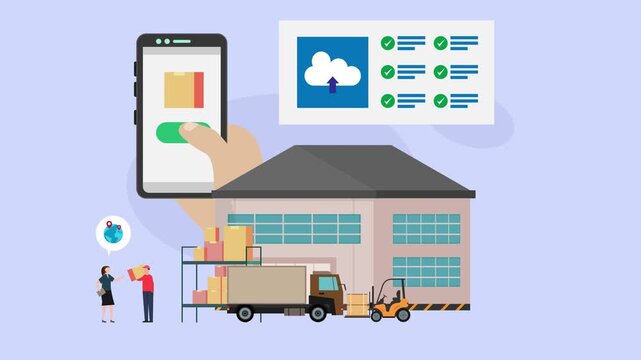 Digital Logistics and Warehouse Management System with Cloud Computing and Mobile App Tracking cartoon animation