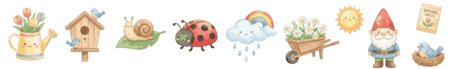 Cute watercolor spring clipart with gnome, birds, watering can, snail and ladybug set. Collection of Vector illustrations. Perfect for invitation, card, poster, banner, decoration © maria