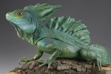 Fototapeta premium Detailed sculpture of a green basilisk lizard with prominent crest, poised on textured wood