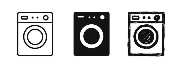 Washing Machine Icon Set: Laundry Appliance Symbols in Outline, Solid, and Doodle Styles