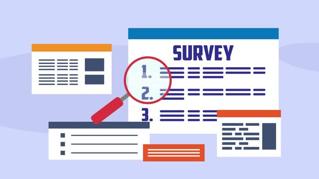 Online Survey and Data Analysis Concept with Magnifying Glass and Questionnaire Forms cartoon animation